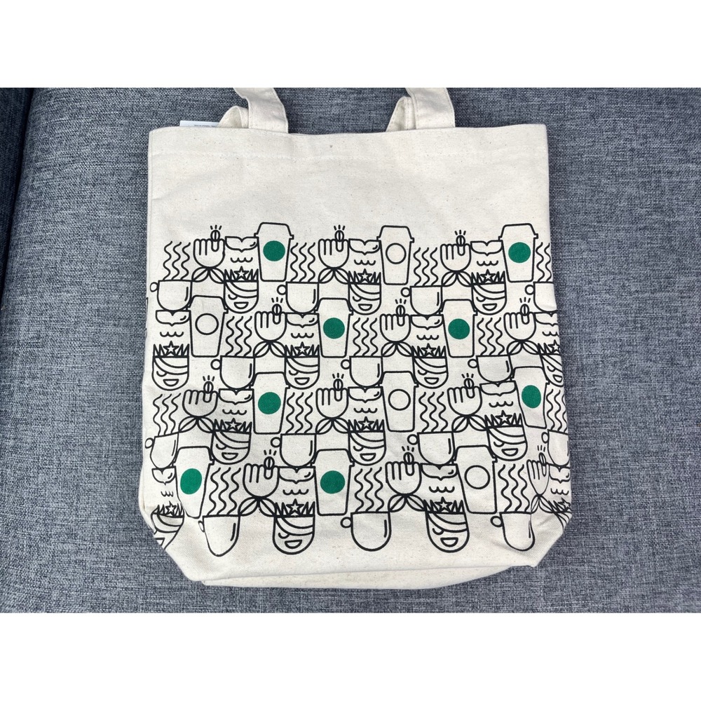 Starbucks Travel Tote Bag Cotton Canvas Coffee Cup Doodle Print Cream Green 2017 - Picture 4 of 14